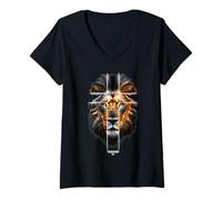 Femme Jésus Lion de Juda Apocalypse 5:5 Symbole croix chrétienne T-Shirt avec Col en V