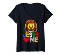 Femme Jesus Loves Me Builder Briques de Construction Dieu chrétien T-Shirt avec Col en V