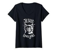 Femme Jesus Loves Y'all Cat - Mignon chrétien Foi Religieuse T-Shirt avec Col en V
