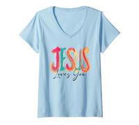 Femme Jesus Loves You Fun Colors | Sensibilisation des Jeunes T-Shirt avec Col en V