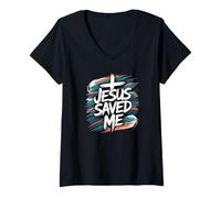 Femme Jésus m'a sauvé la Foi chrétienne T-Shirt avec Col en V