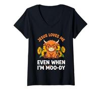 Femme Jésus m'aime même Quand Je suis Moody Highland Cow T-Shirt avec Col en V