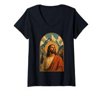 Femme Jesus Mountain Halo, dévotion chrétienne, Art du Paysage, Foi T-Shirt avec Col en V