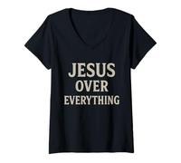 Femme Jesus Over Everything Chrétien Inspiration Motivation T-Shirt avec Col en V