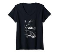 Femme Jésus Passion avec Foi Croix chrétienne prière T-Shirt avec Col en V