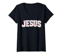 Femme Jésus Patchwork Floral Chrétien Mignon Cottagecore Faith T-Shirt avec Col en V