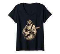 Femme Jesus Playing Guitare électrique rétro Rock Music Superstar T-Shirt avec Col en V