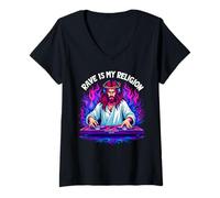 Femme Jesus Raves Techno House Party Edm Festival Goa Electro Rave T-Shirt avec Col en V