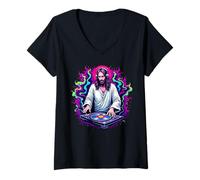 Femme Jesus Raves Techno House Party EDM Festival Goa Electro Rave T-Shirt avec Col en V