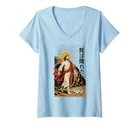 Femme Jesus Resurrection Christian Manga Death Defeated Anime Art T-Shirt avec Col en V