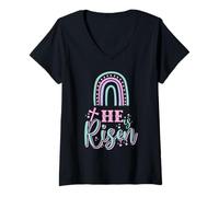 Femme Jésus Résurrection Jour de Pâques chrétien Il est ressuscité Arc-en-ciel T-Shirt avec Col en V