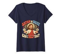 Femme Jésus Rigolo - Satan Est Occupé, Je Peux Vous Aider - Humour T-Shirt avec Col en V