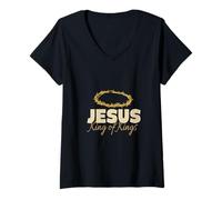 Femme Jésus Roi des Rois Message Spirituel en Typographie T-Shirt avec Col en V
