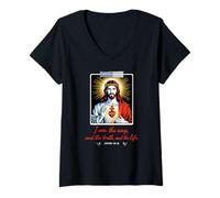 Femme Jésus Sacré-Cœur Jean 14:6 Foi chrétienne Verse de la Bible T-Shirt avec Col en V
