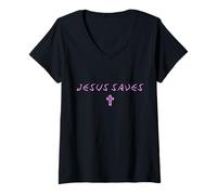 Femme Jésus Sauve Croix subtile chrétienne Minimaliste Foi Dieu T-Shirt avec Col en V