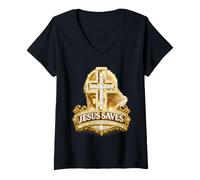 Femme Jésus Sauve la Foi Croix Esprit Positif croyance Religieuse T-Shirt avec Col en V