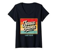 Femme Jesus Saves Luke 19:10 Retro Vintage Christian Bible Verse T-Shirt avec Col en V