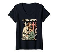 Femme Jesus Saves Manga chrétien Dessin animé Japonais T-Shirt avec Col en V