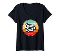 Femme Jesus Saves Retro Vintage Christian Faith Bible Verse Gifts T-Shirt avec Col en V