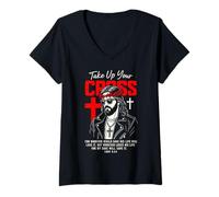 Femme Jesus Streetwear Take Up Your Cross Luke 9:24 Verse biblique T-Shirt avec Col en V