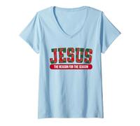 Femme Jesus The Reason for The Season Plaid Noël Christian T-Shirt avec Col en V