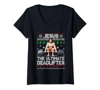 Femme Jesus The Ultimate Deadlifter Ugly Christmas Haltérophilie T-Shirt avec Col en V