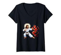 Femme Jésus vaincre Le Diable Karaté drôle T-Shirt avec Col en V