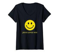 Femme Jésus Vous Aime Visage Heureux Mignon Religieux chrétien T-Shirt avec Col en V