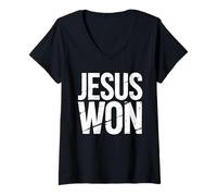 Femme Jesus Won Victoire Foi Chrétienne Message Résurrection T-Shirt avec Col en V