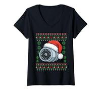 Femme Jet Engine Christmas, ingénieur aérospatial, aéronautique, Ugly Xmas T-Shirt avec Col en V
