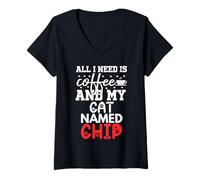 Femme Jeton de nom de Chat Cadeaux All I Need is Coffee Puce nommée Chat T-Shirt avec Col en V