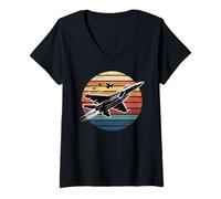 Femme Jets de Chasse sur orbe rétro Coucher de Soleil T-Shirt avec Col en V