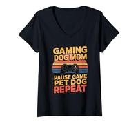 Femme Jeu de Jeu pour Chien et Maman - Répétition rétro T-Shirt avec Col en V