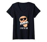 Femme Jeu de Mots Amusant avec Clavier I Play by Ear T-Shirt avec Col en V