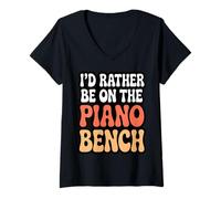 Femme Jeu de Mots Amusant « I'd Rather Be on The Piano Bench » T-Shirt avec Col en V