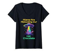 Femme Jeu de mots d'amant de chocolat chaud avec vibes d'enlèvement d'OVNI extraterrestres T-Shirt avec Col en V