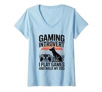 Femme Jeu introverti I Play Games and Walk My Dog T-Shirt avec Col en V