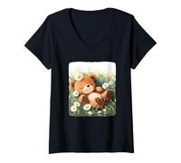 Femme Jeune Ours dans Un pré Fleuri pour Les Amateurs de Marguerites T-Shirt avec Col en V