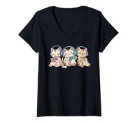 Femme Jeux animés Kawaii Cat Pizza Ramen Funny Gamer Cats T-Shirt avec Col en V