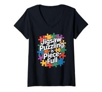 Femme Jigsaw Puzzling est Une pièce de Puzzle Pleine de pièces colorées T-Shirt avec Col en V