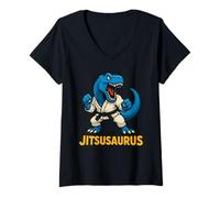 Femme Jitsusaurus Funny Dinosaur Brazilian Jiu Jitsu Blue T-Rex T-Shirt avec Col en V