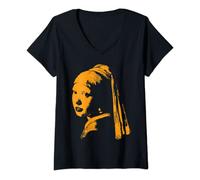 Femme Johannes Vermeer Boucles d'oreilles orange monochrome fille avec perle T-Shirt avec Col en V