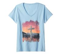 Femme John 3:16 KJV Resurrection Sunday Cross of Jesus Grunge T-Shirt avec Col en V