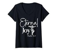 Femme Joie Éternelle Psaume 16:11 Design Chrétien avec Croix T-Shirt avec Col en V