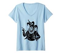 Femme Joker Tenant des Baguettes Court Jester Clown Nourriture Japonaise T-Shirt avec Col en V