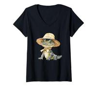 Femme Joli alligator avec chapeau de paille Aquarelle Art T-Shirt avec Col en V