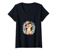 Femme Joli bébé Tigre avec Fleurs - Aquarelle Animal Art T-Shirt avec Col en V