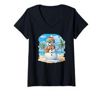 Femme Joli bonhomme de neige en vacances d'été avec palmiers T-Shirt avec Col en V