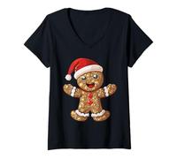 Femme Joli bonnet de Père Noël en pain d'épices rétro Noël festif vacances T-Shirt avec Col en V