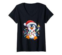 Femme Joli Bonnet de Père Noël Pingouin T-Shirt avec Col en V